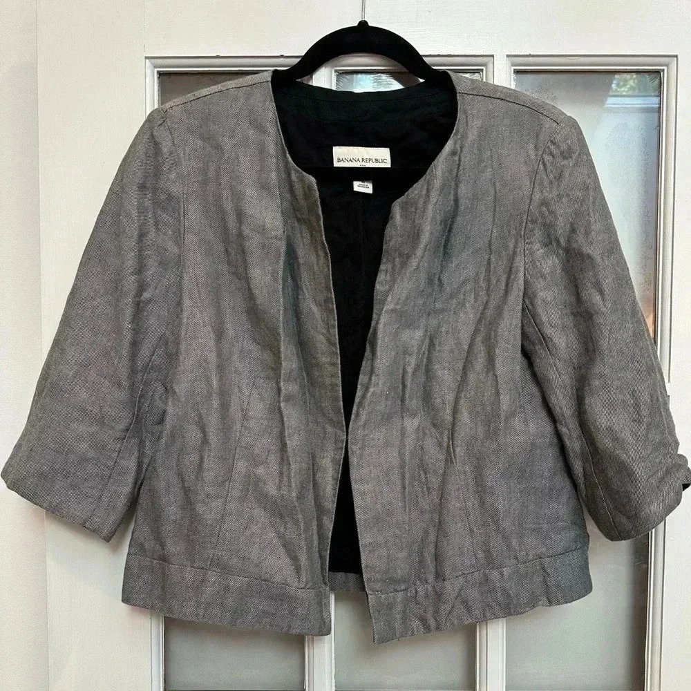 Vintage Banana Republic Y2K Grey Linen Blend Cropped Blazer Jacket Size 10 Med M